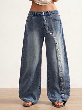 Blue Denim Wide Leg Jeans with Curved Button Trim